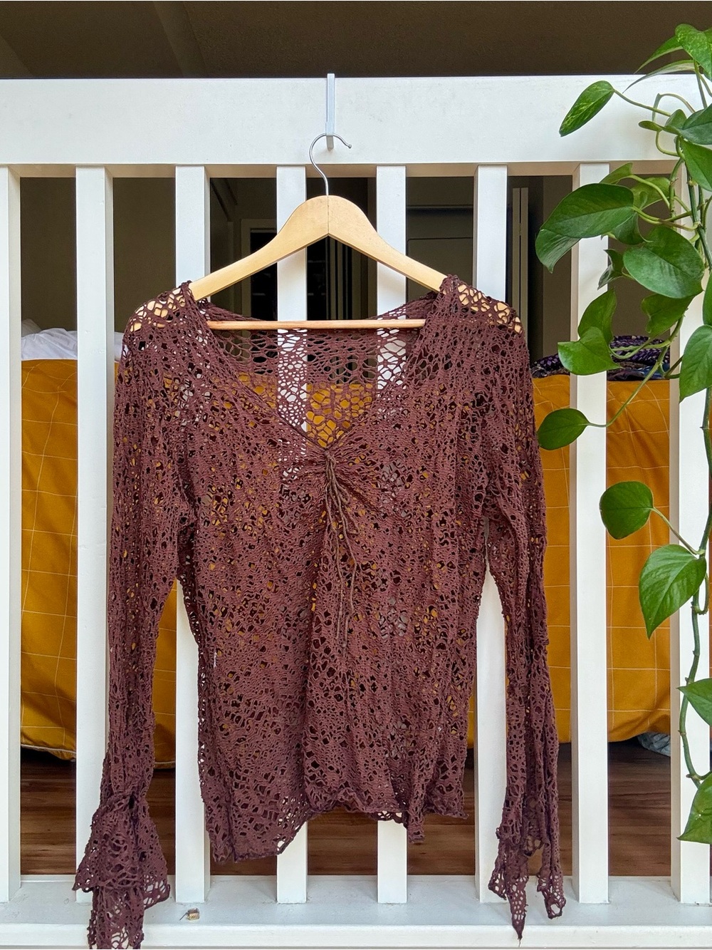 Boho Crochet Lace Long-Sleeve Top - Brown